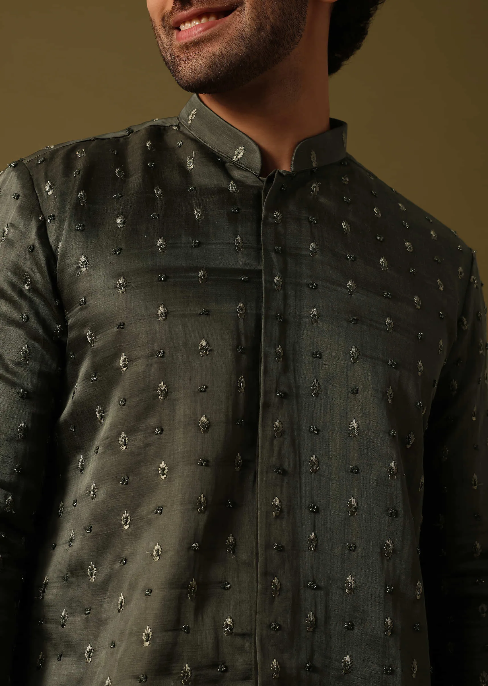 Dark Green Embroidered Kurta Pant For Men