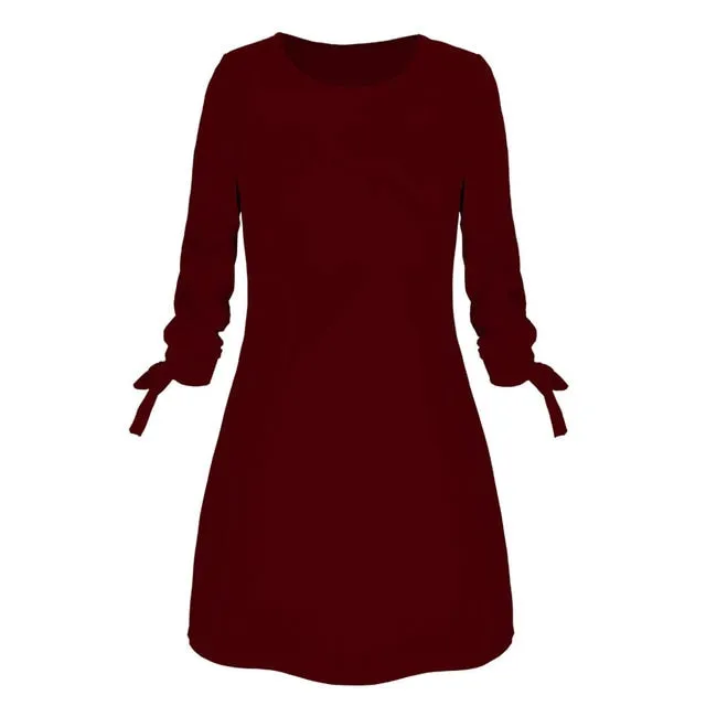 Dress Women платье Fashion Casual O-neck Solid Three Quarter Bow Elegant Straigth Dress Spring Loose Mini Dresses Free Ship Z4