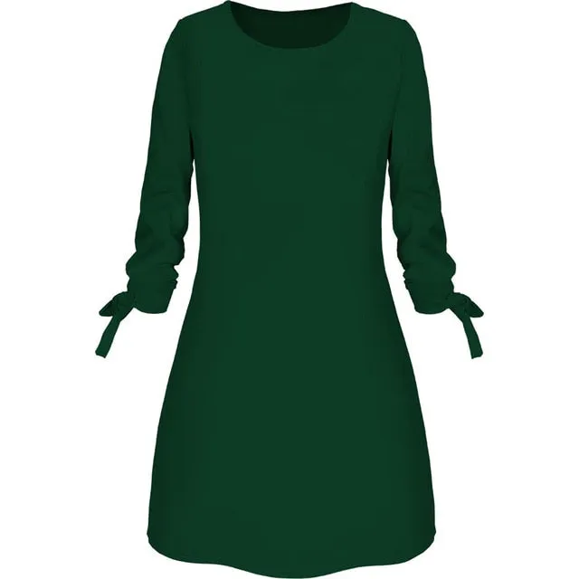 Dress Women платье Fashion Casual O-neck Solid Three Quarter Bow Elegant Straigth Dress Spring Loose Mini Dresses Free Ship Z4