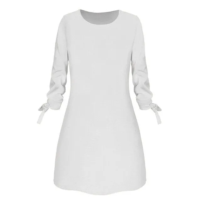 Dress Women платье Fashion Casual O-neck Solid Three Quarter Bow Elegant Straigth Dress Spring Loose Mini Dresses Free Ship Z4