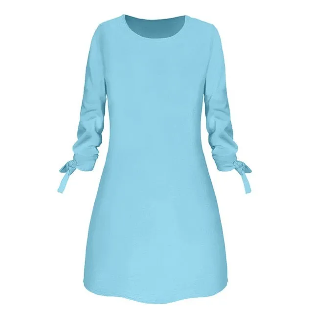Dress Women платье Fashion Casual O-neck Solid Three Quarter Bow Elegant Straigth Dress Spring Loose Mini Dresses Free Ship Z4