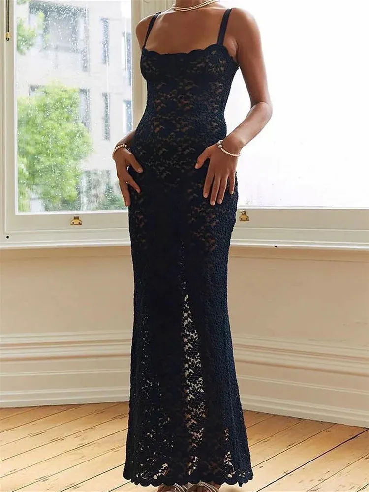 DressBetty - Sexy Lace Floral Mesh Sleeveless Back Split Black Beach Maxi Dress