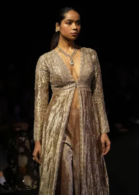 Dusty Brown Embroidered Long Jacket With Cigarette Pant