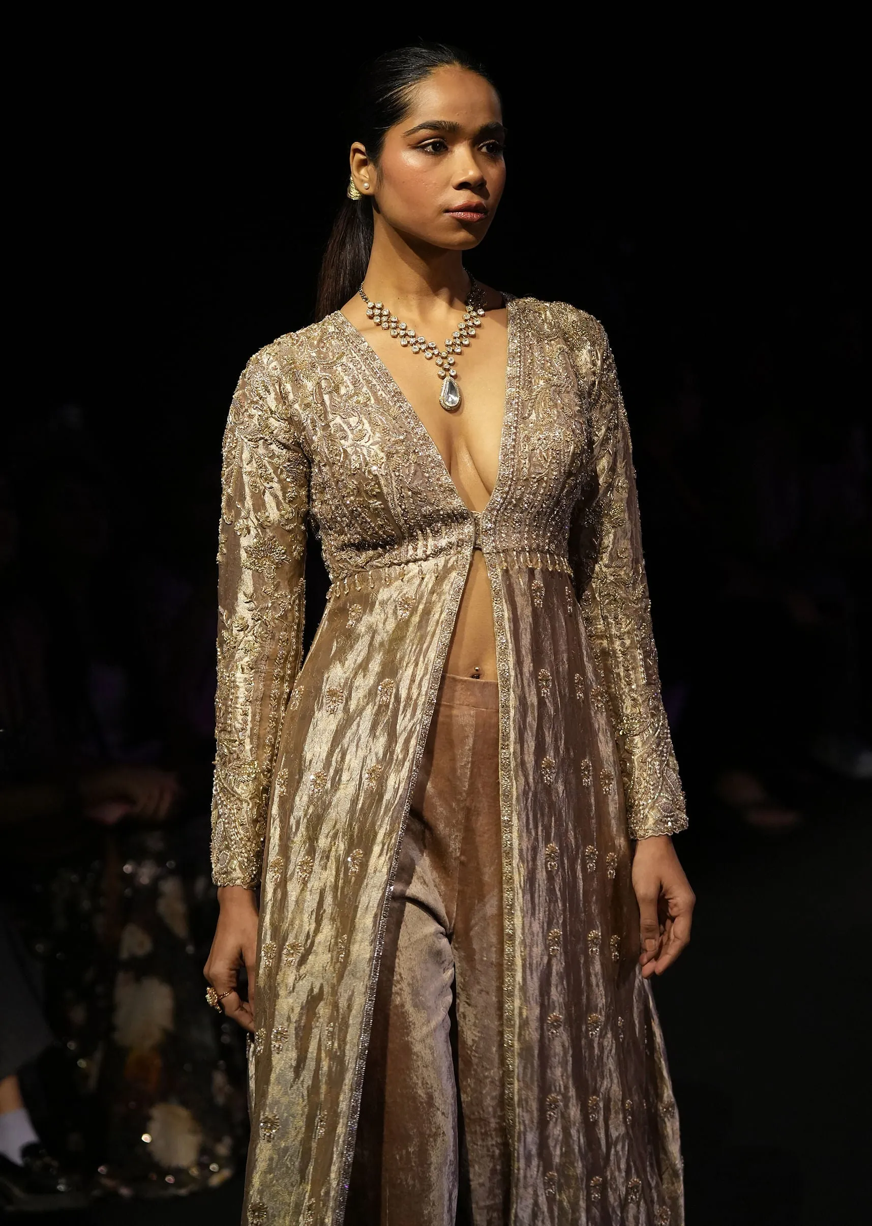 Dusty Brown Embroidered Long Jacket With Cigarette Pant