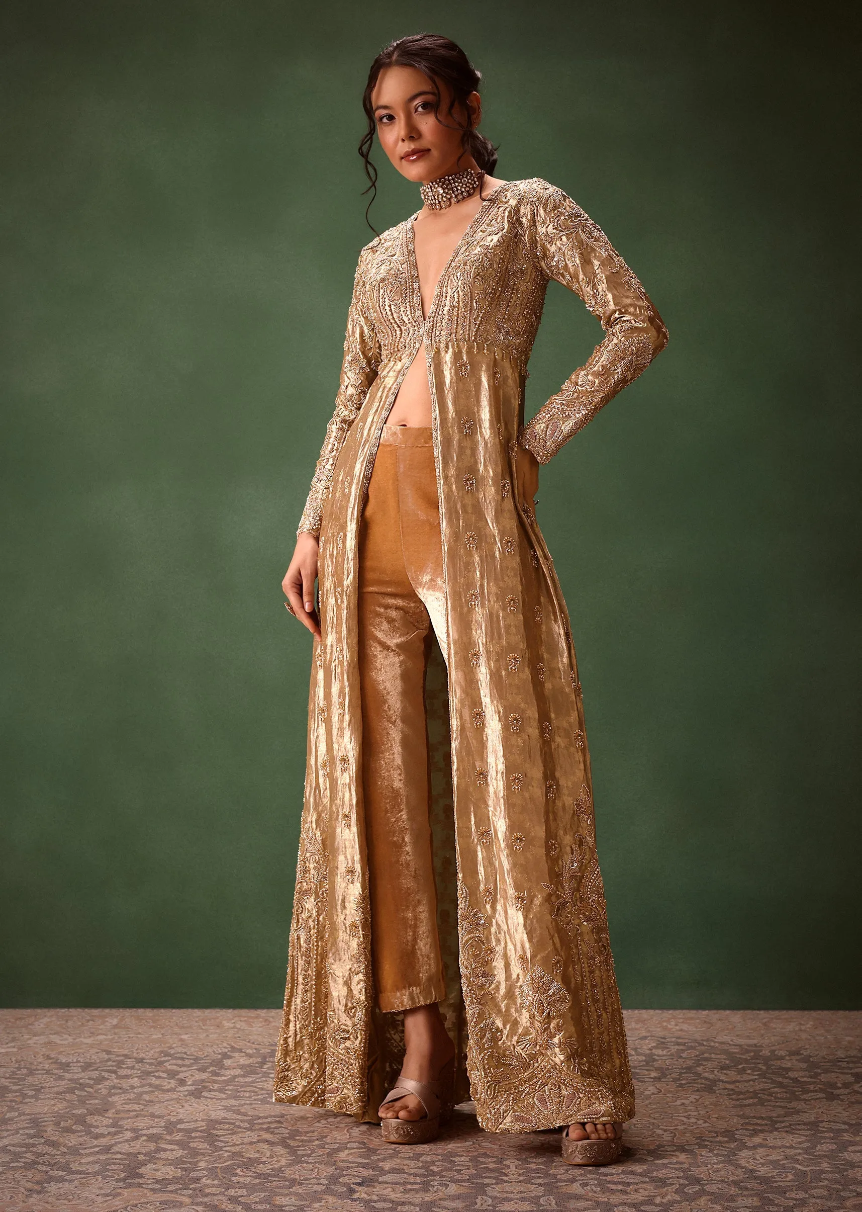 Dusty Brown Embroidered Long Jacket With Cigarette Pant