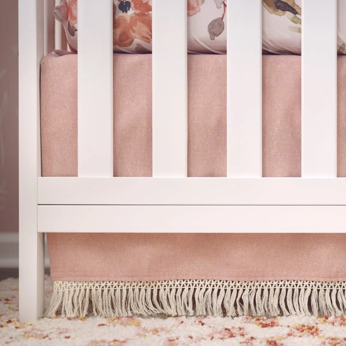 Dusty Rose Metallic Linen Fringe Crib Skirt