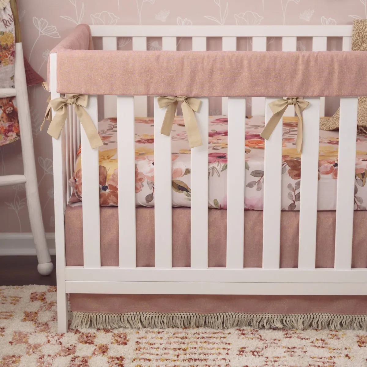 Dusty Rose Metallic Linen Fringe Crib Skirt