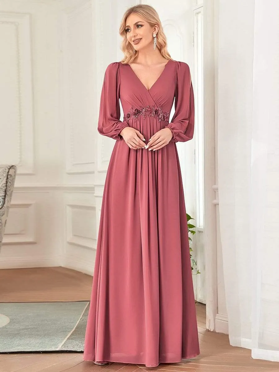 Elegant Chiffon V-Neckline Long Sleeve Formal Evening Dress