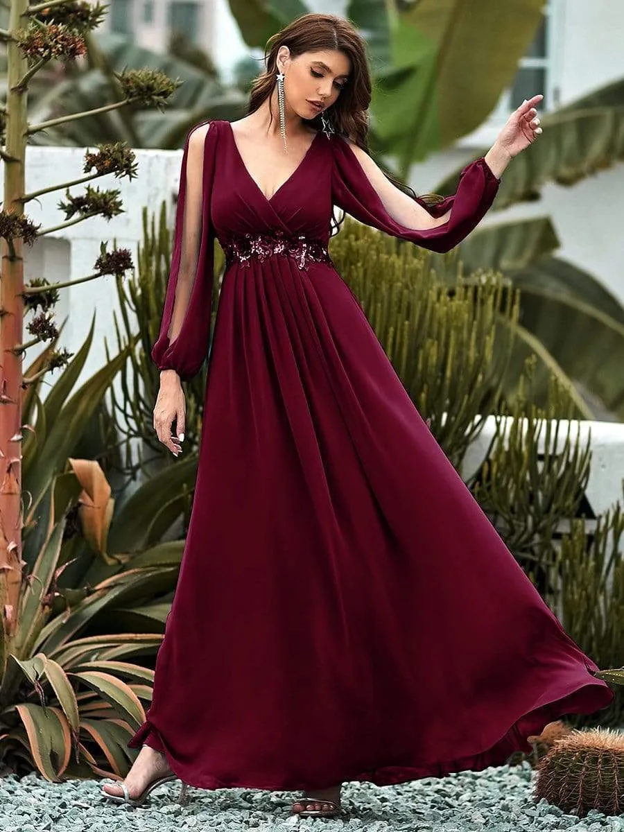 Elegant Chiffon V-Neckline Long Sleeve Formal Evening Dress