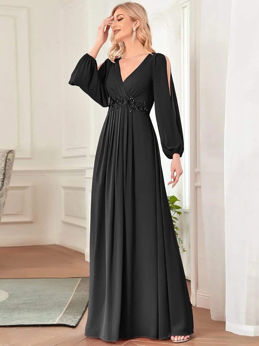 Elegant Chiffon V-Neckline Long Sleeve Formal Evening Dress