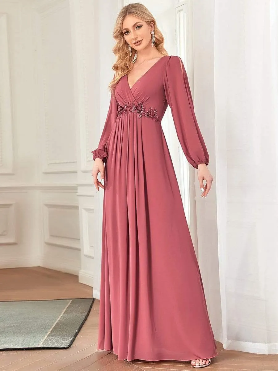 Elegant Chiffon V-Neckline Long Sleeve Formal Evening Dress