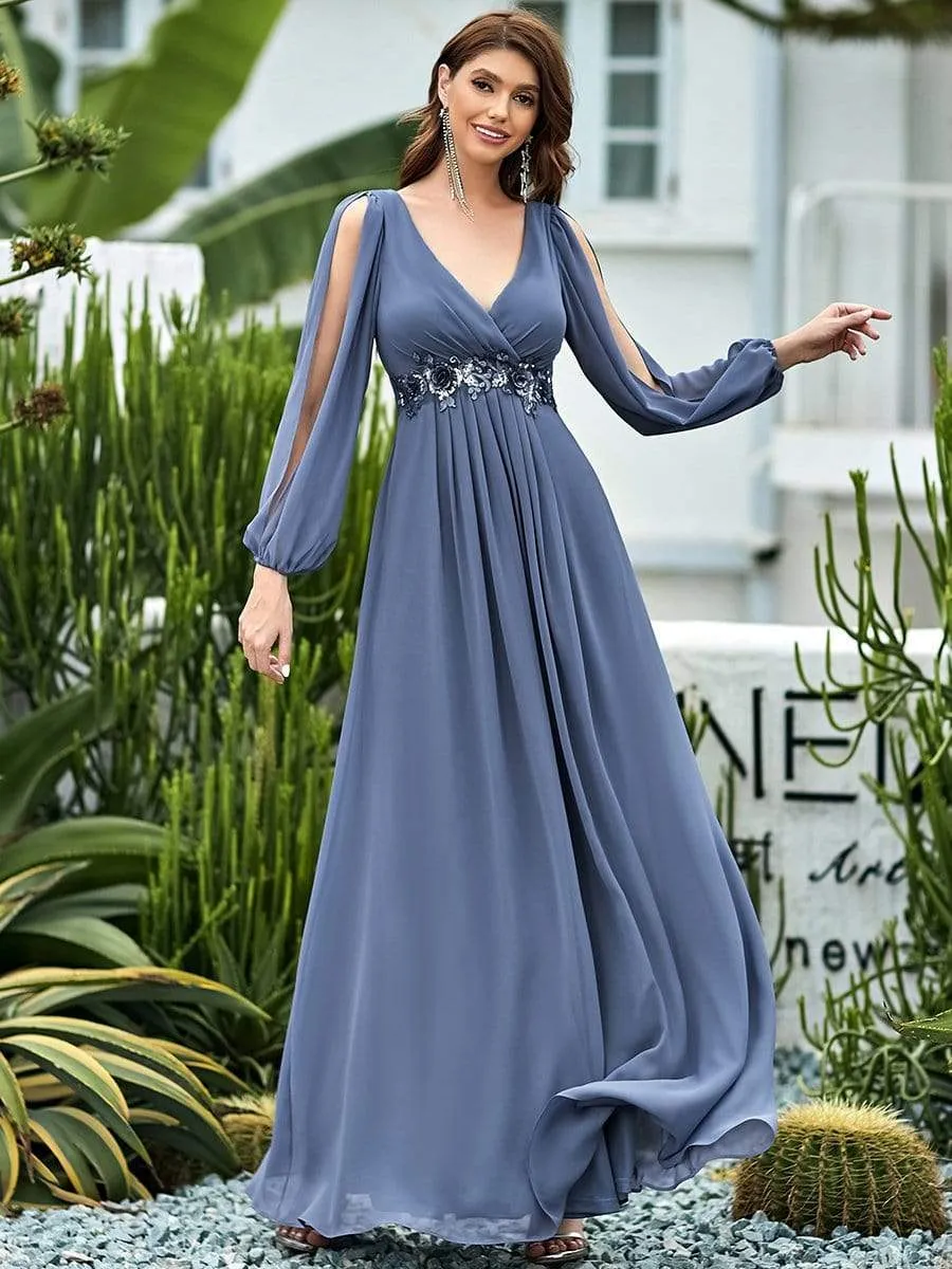 Elegant Chiffon V-Neckline Long Sleeve Formal Evening Dress