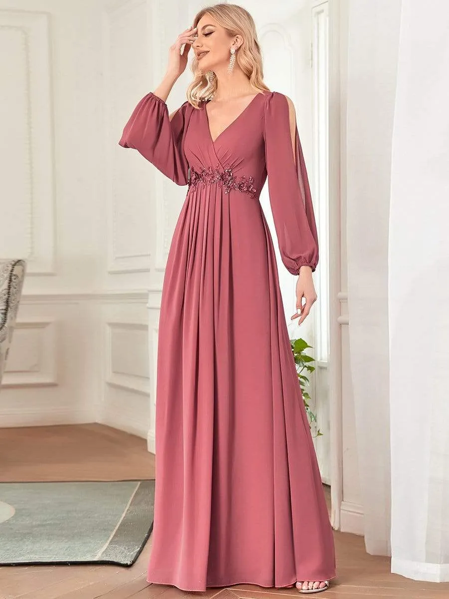 Elegant Chiffon V-Neckline Long Sleeve Formal Evening Dress