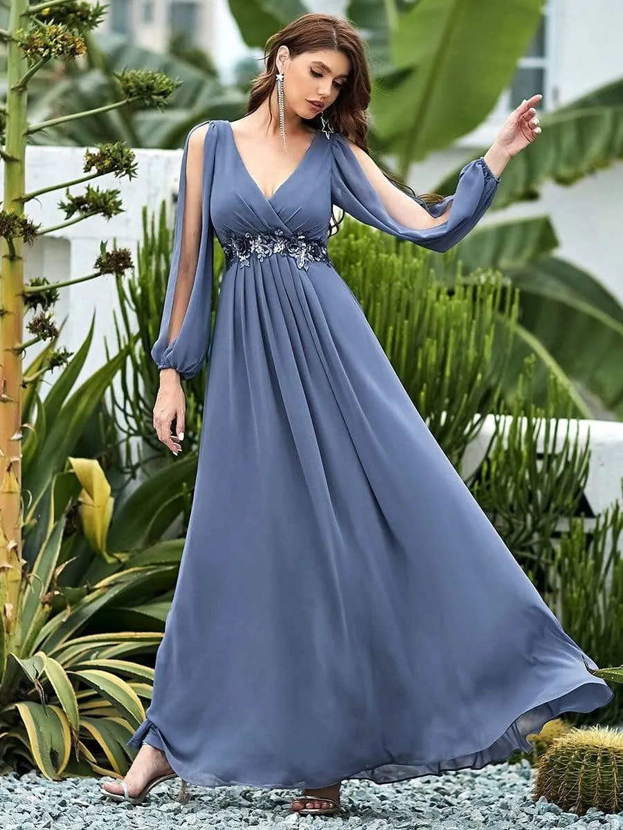 Elegant Chiffon V-Neckline Long Sleeve Formal Evening Dress