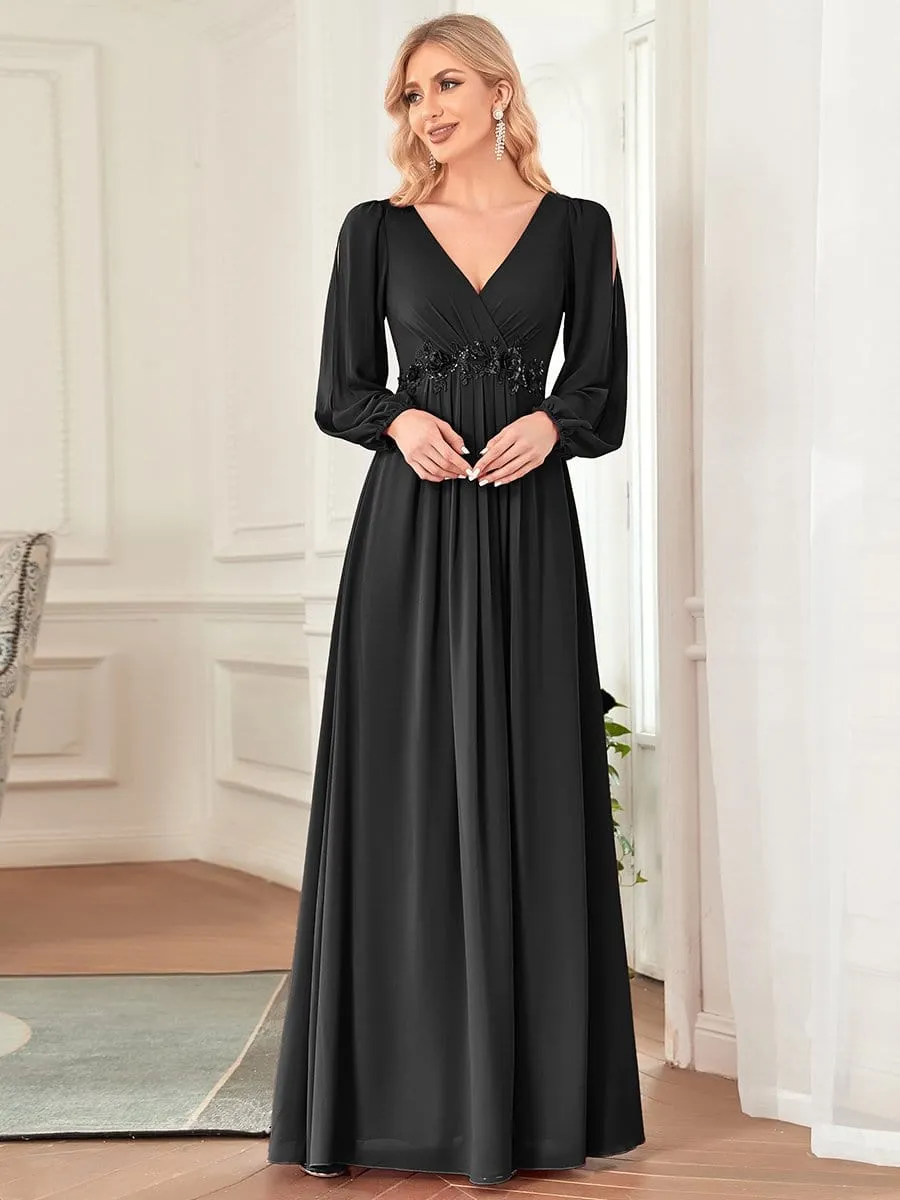 Elegant Chiffon V-Neckline Long Sleeve Formal Evening Dress
