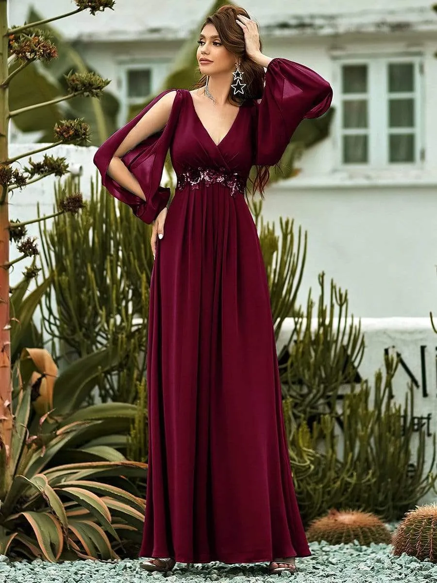 Elegant Chiffon V-Neckline Long Sleeve Formal Evening Dress