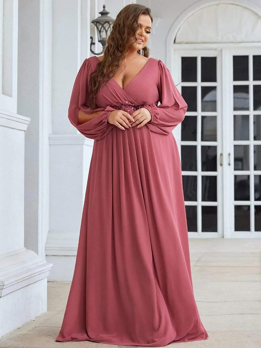 Elegant Chiffon V-Neckline Long Sleeve Formal Evening Dress