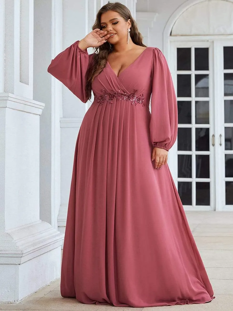 Elegant Chiffon V-Neckline Long Sleeve Formal Evening Dress