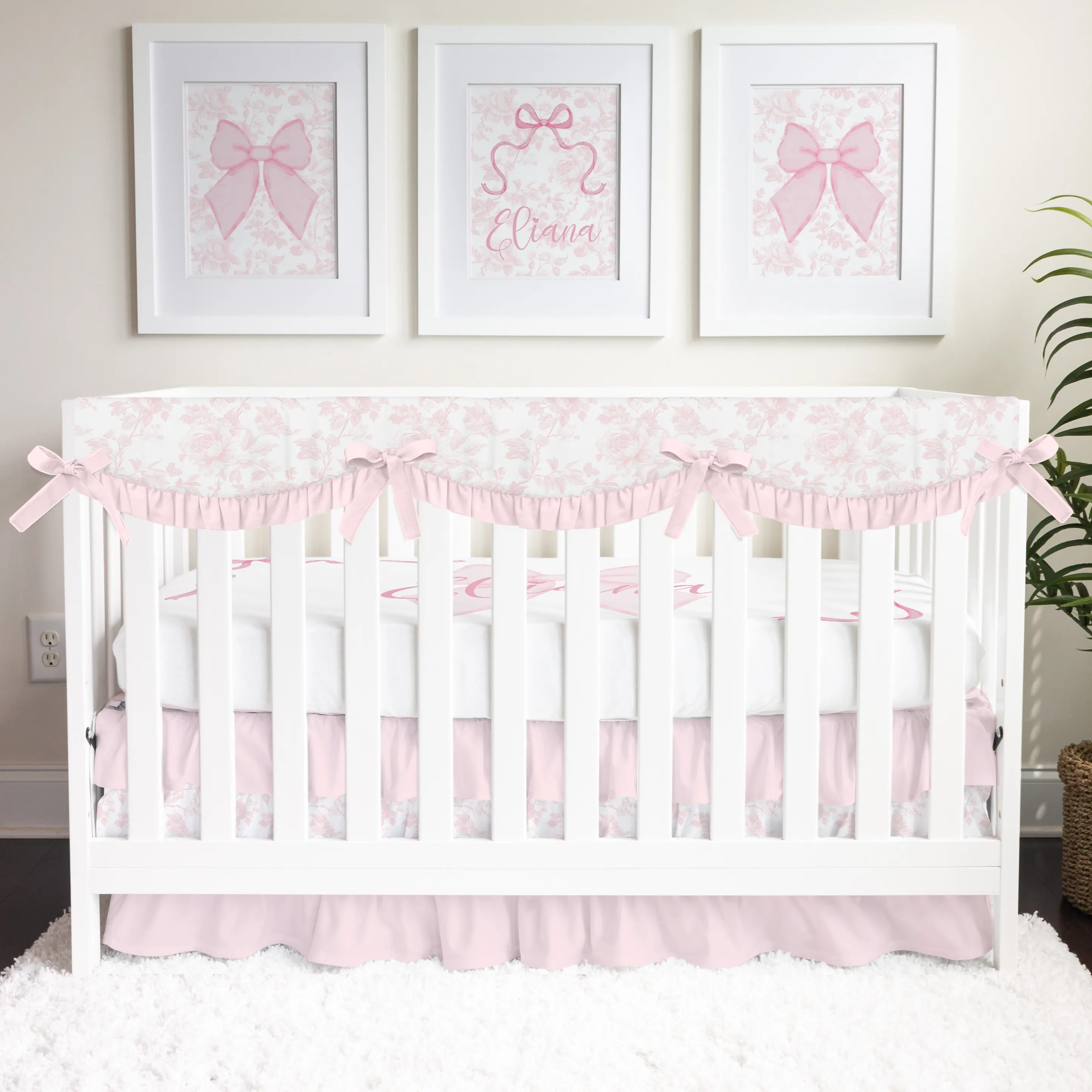 Fancy Bow Toile Ruffled Crib Skirt