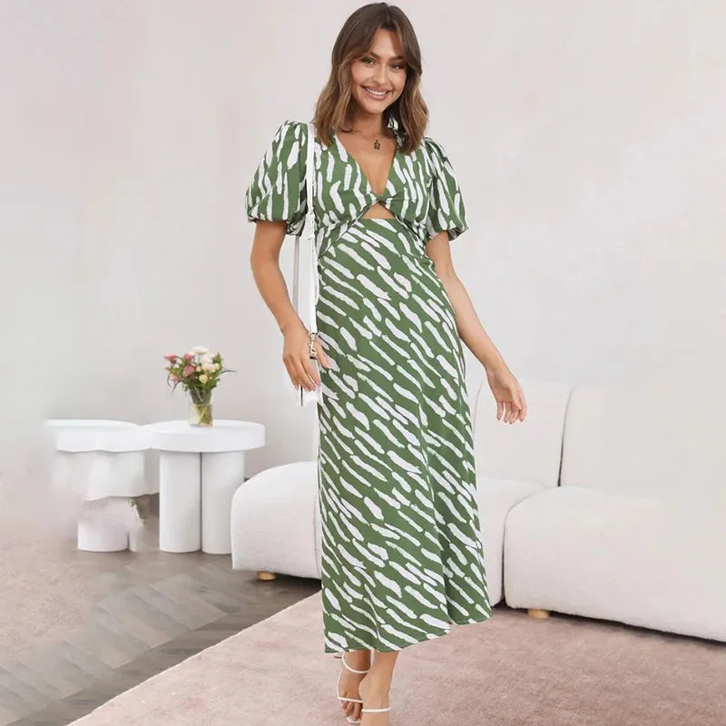 FashionSierra - 2024 Elegant Stripe Puff Sleeve A-Line Black Boho Dress
