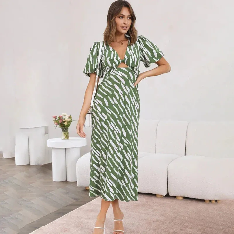 FashionSierra - 2024 Elegant Stripe Puff Sleeve A-Line Black Boho Dress