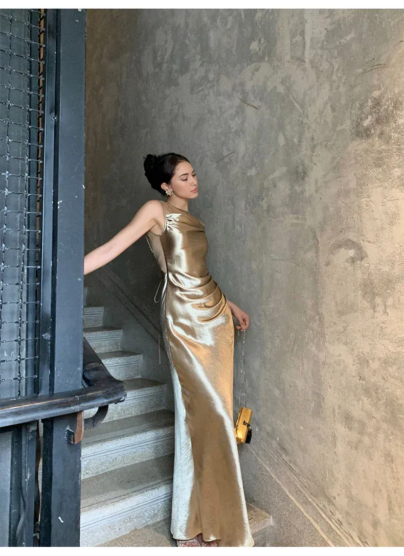 Formal Wear Dresses Elegant Gold Satin Backless Mermaid Long Prom Dress Formal Party Dress Prom Dresses Shops Formal Women's Dresses