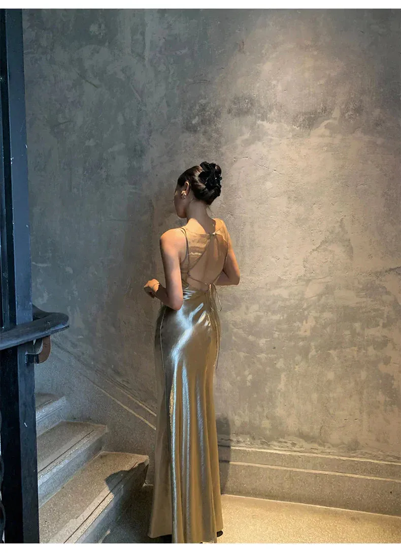 Formal Wear Dresses Elegant Gold Satin Backless Mermaid Long Prom Dress Formal Party Dress Prom Dresses Shops Formal Women's Dresses