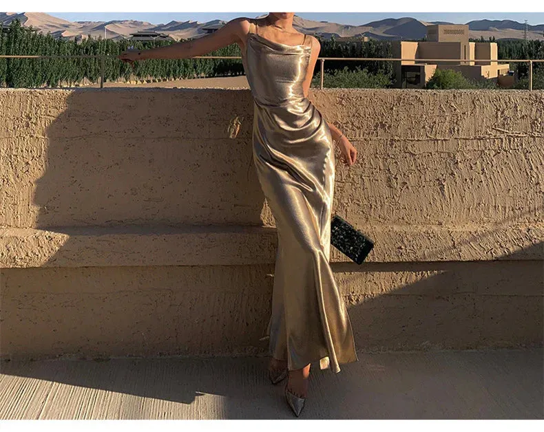 Formal Wear Dresses Elegant Gold Satin Backless Mermaid Long Prom Dress Formal Party Dress Prom Dresses Shops Formal Women's Dresses