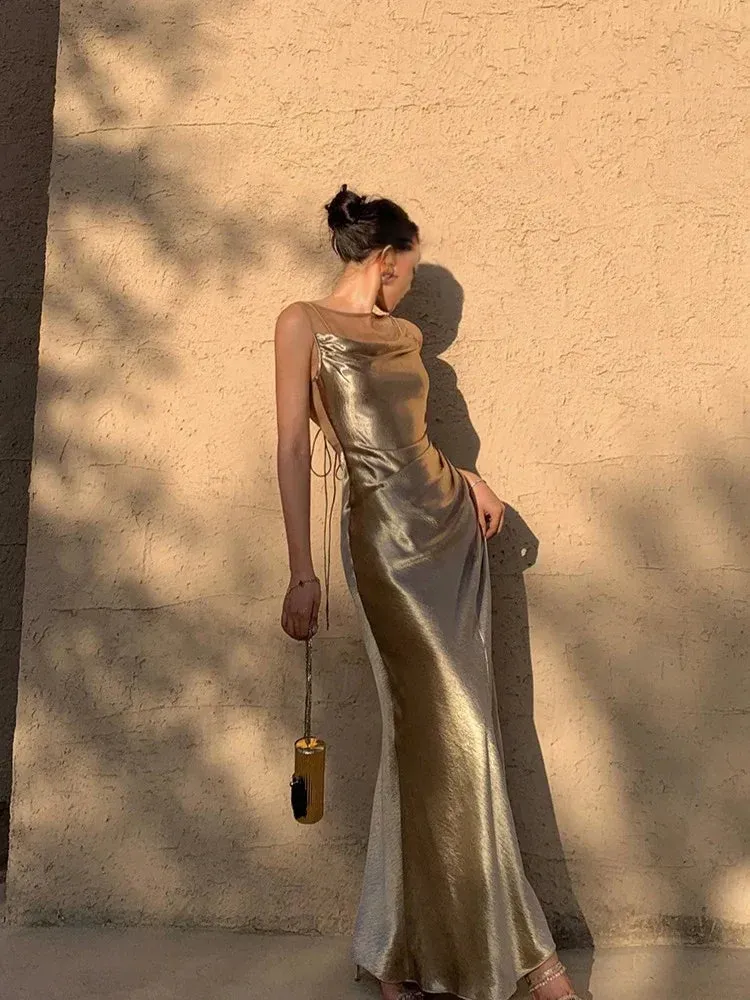 Formal Wear Dresses Elegant Gold Satin Backless Mermaid Long Prom Dress Formal Party Dress Prom Dresses Shops Formal Women's Dresses