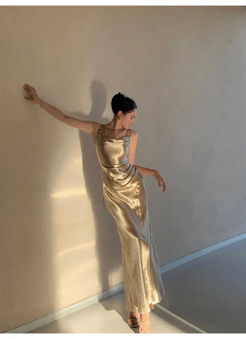 Formal Wear Dresses Elegant Gold Satin Backless Mermaid Long Prom Dress Formal Party Dress Prom Dresses Shops Formal Women's Dresses