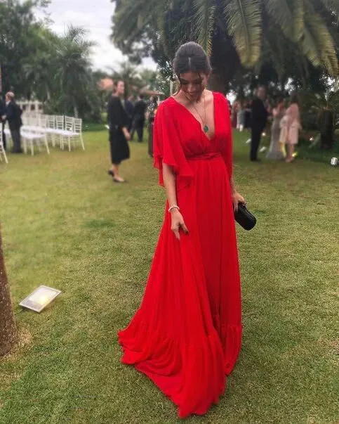 Formal Wear Dresses Elegant V Neck Half Sleeves A-Line Long Party Dress Wedding Guest Dress Prom Dresses Shops Formal Women's Dresses