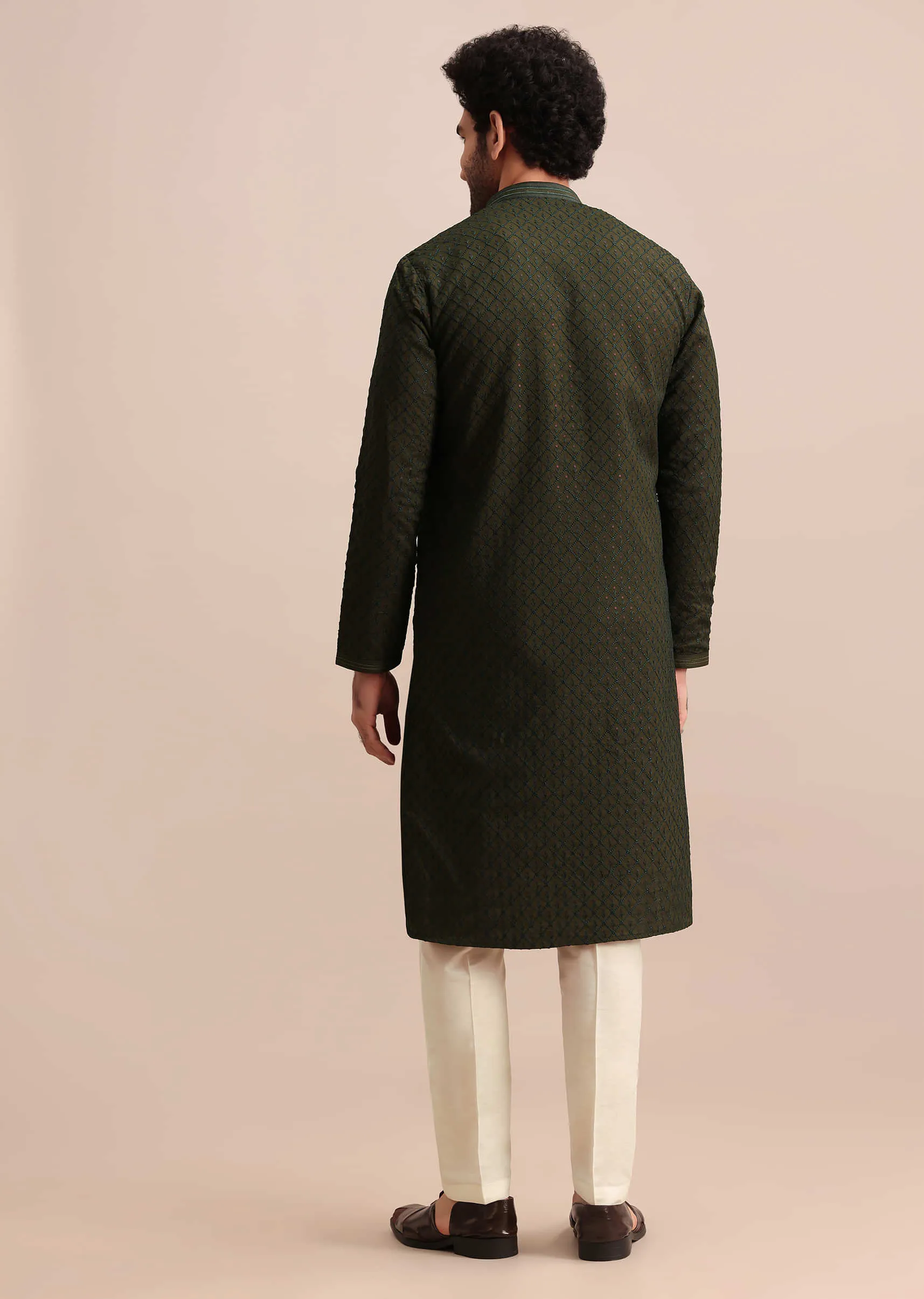 Green Silk Kurta Set WIth Resham Work For Men