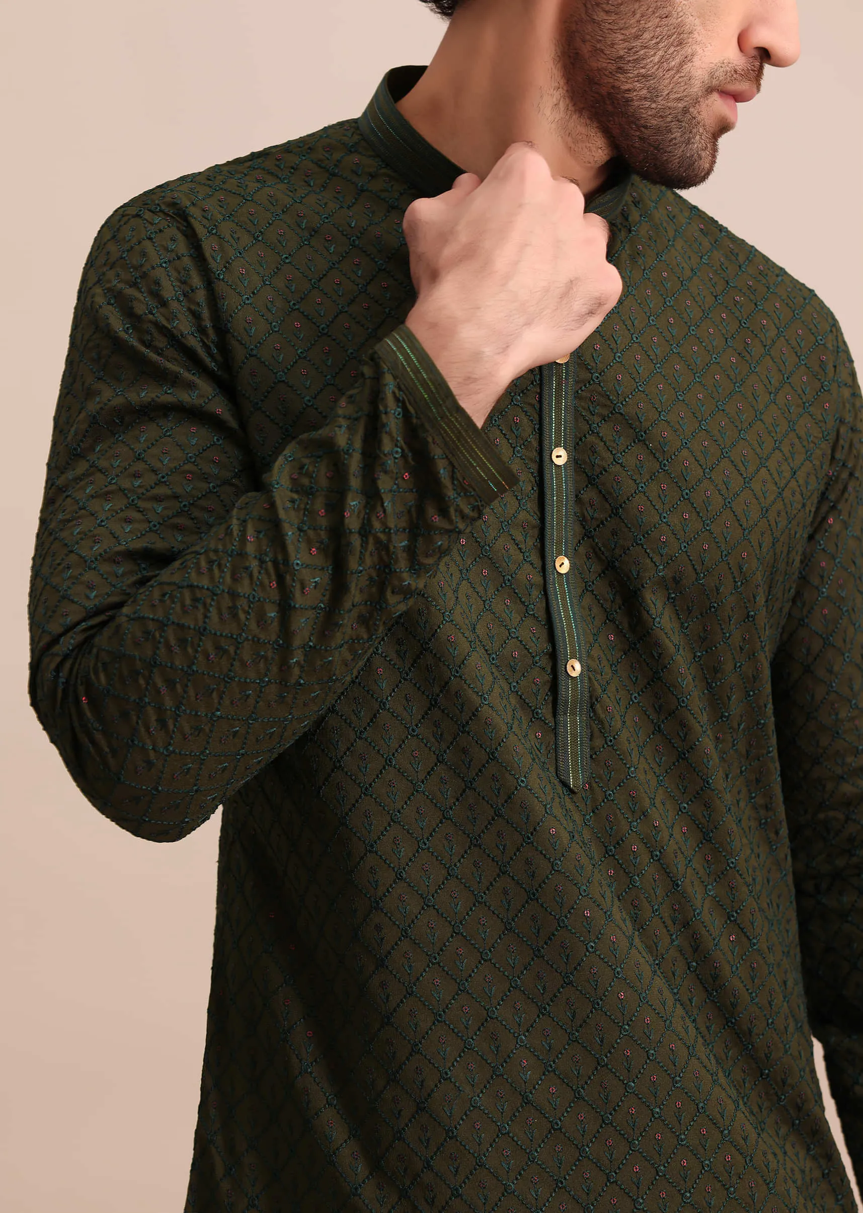 Green Silk Kurta Set WIth Resham Work For Men