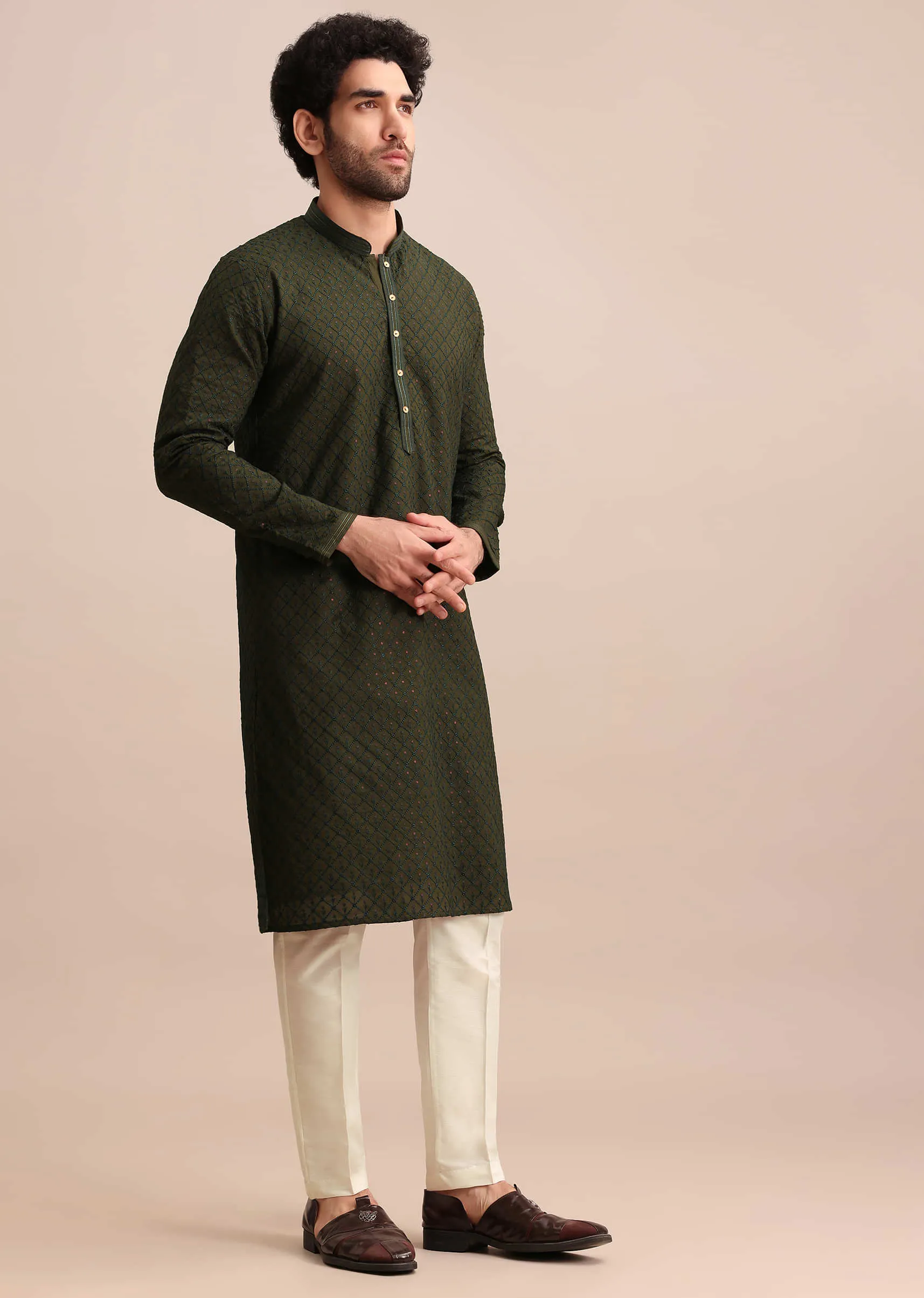 Green Silk Kurta Set WIth Resham Work For Men