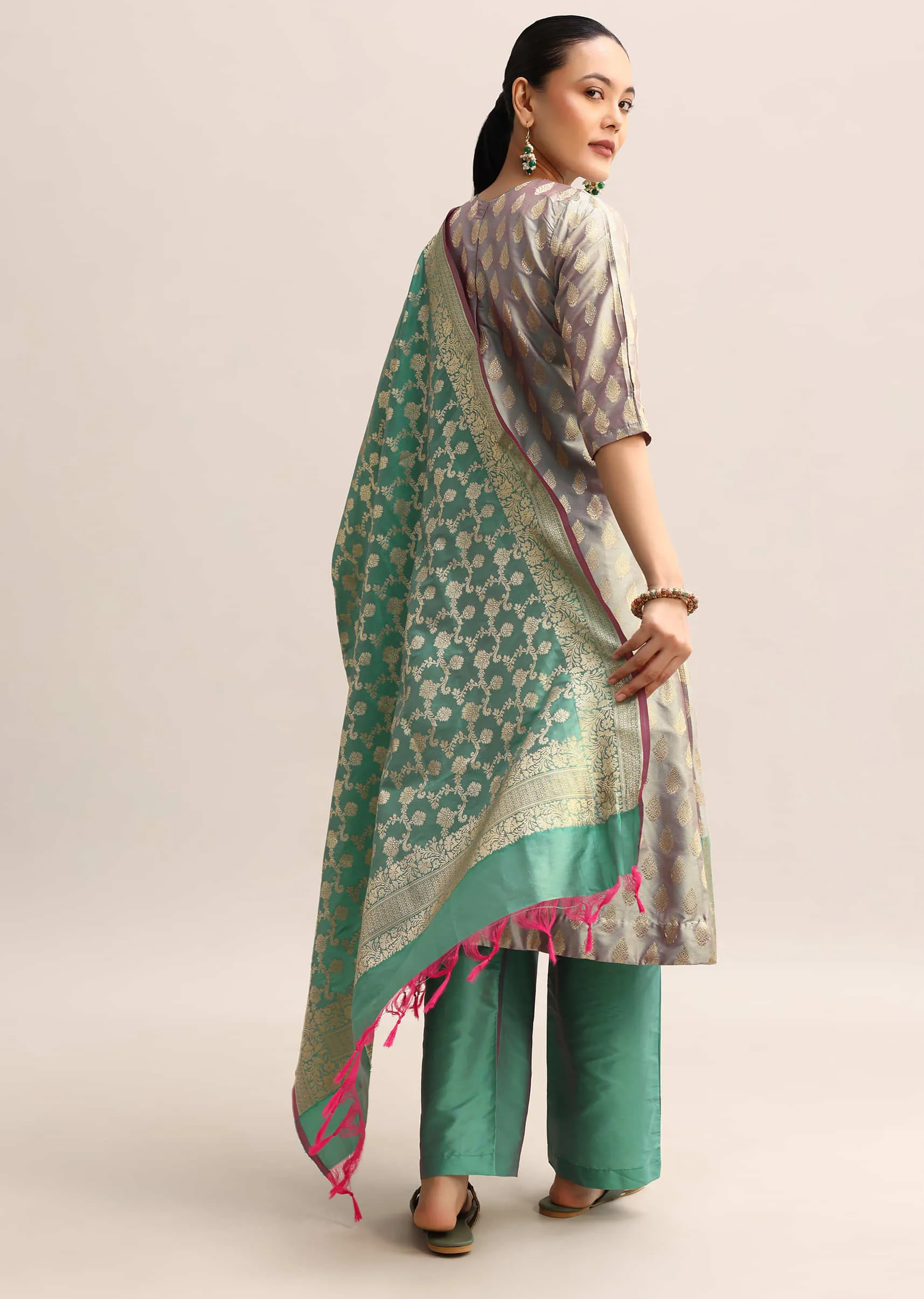 Grey And Green Chanderi Banarasi Woven Kurta Set With Dupatta