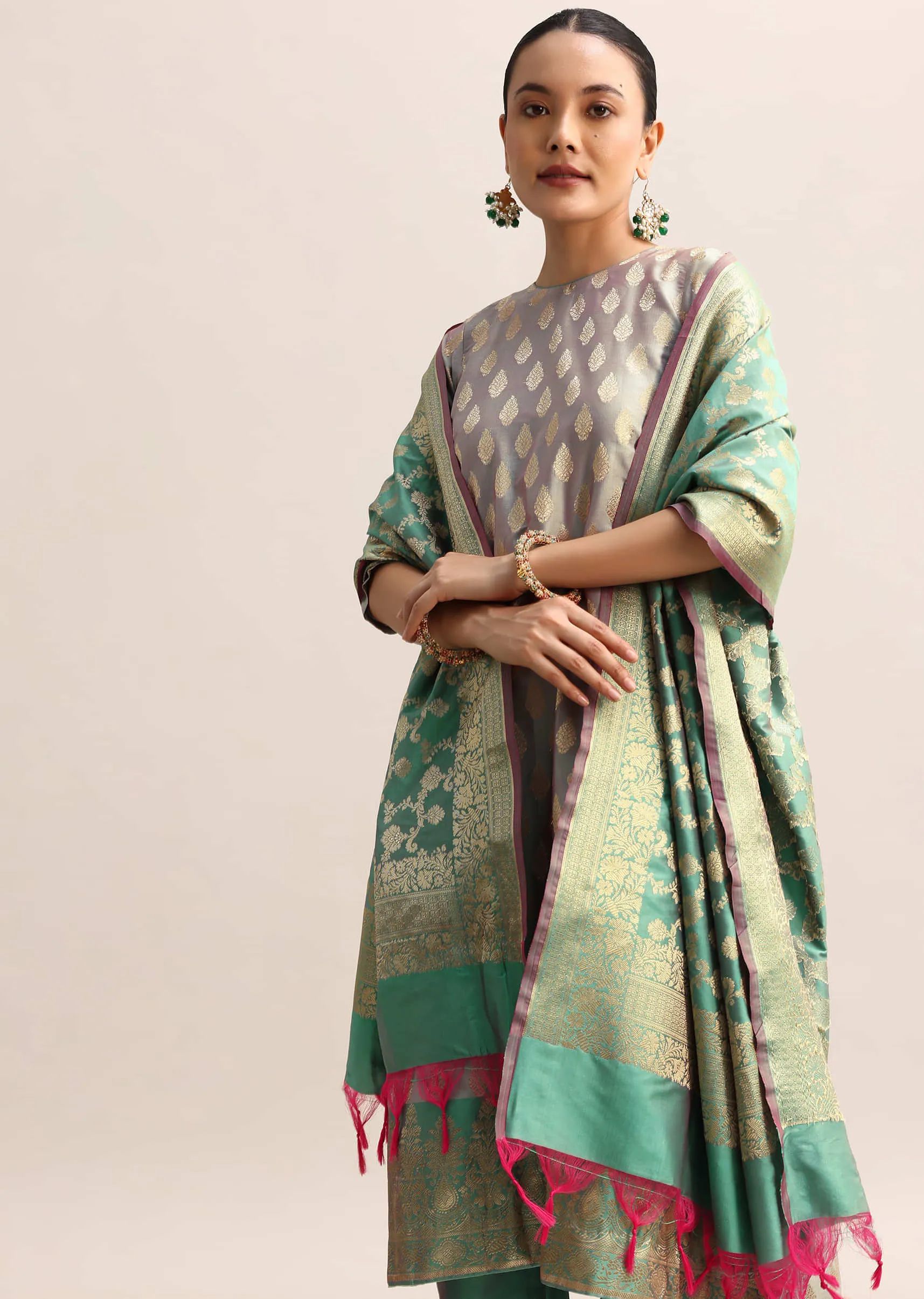Grey And Green Chanderi Banarasi Woven Kurta Set With Dupatta