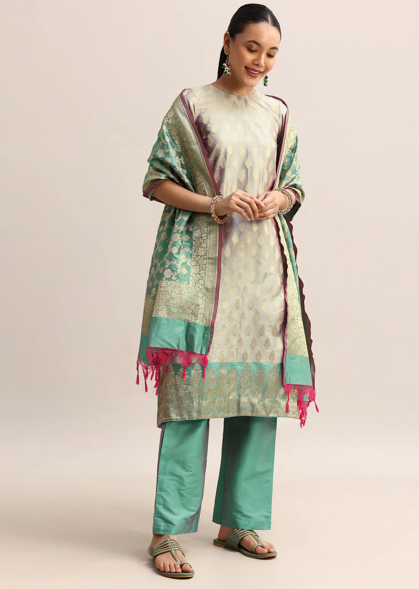 Grey And Green Chanderi Banarasi Woven Kurta Set With Dupatta