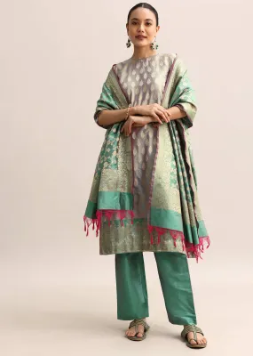 Grey And Green Chanderi Banarasi Woven Kurta Set With Dupatta Grey And Green Chanderi Banarasi Woven Kurta Set With Dupatta