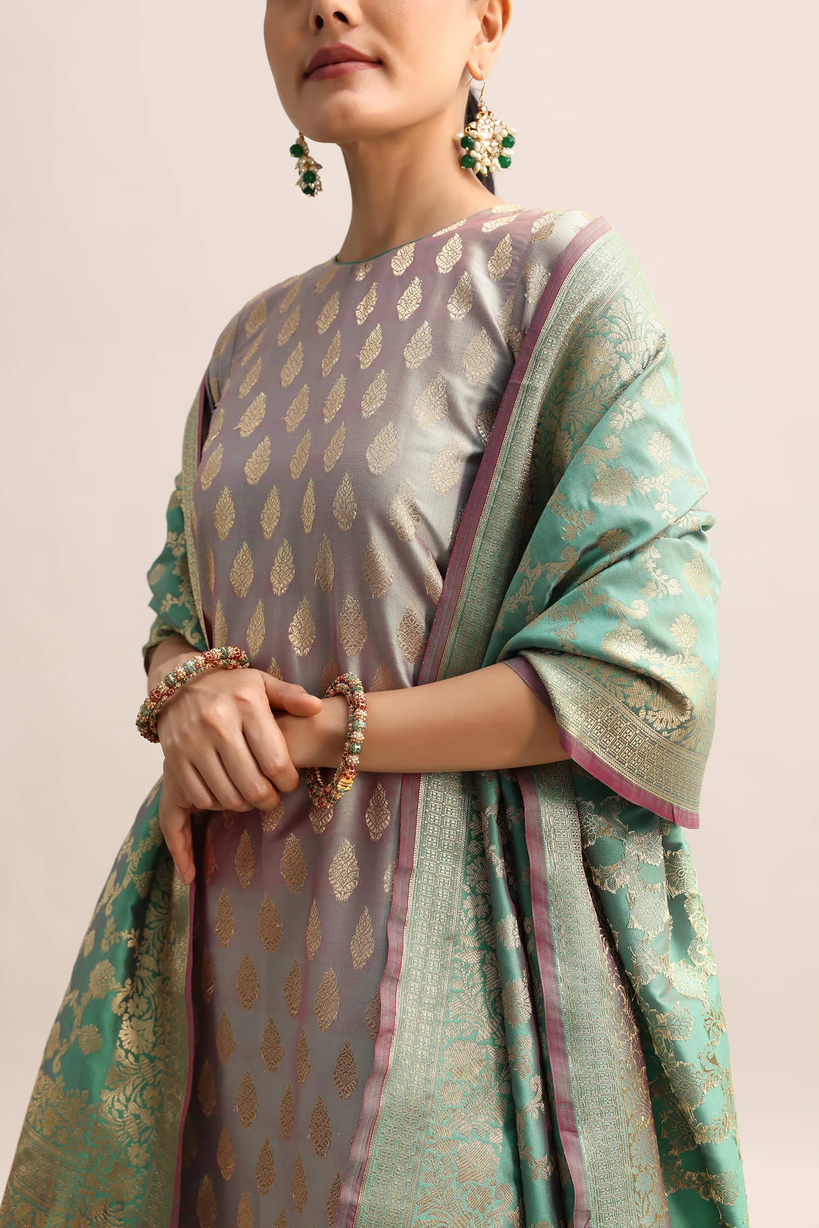 Grey And Green Chanderi Banarasi Woven Kurta Set With Dupatta
