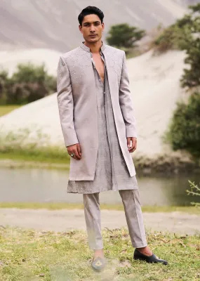 Grey Embroidered Linen Nawabi Suit Grey Embroidered Linen Nawabi Suit