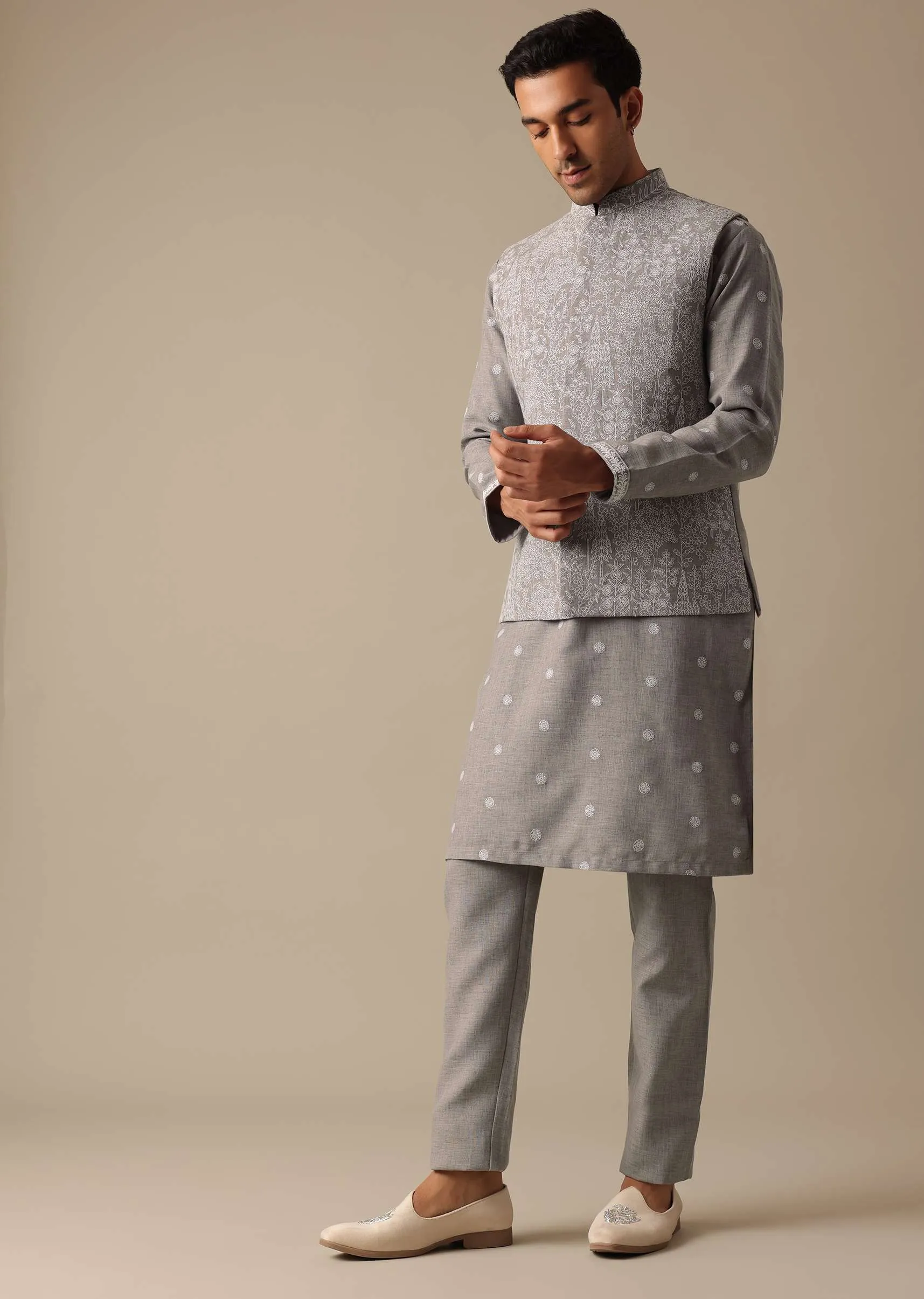 Grey Linen Jacket And Kurta Set