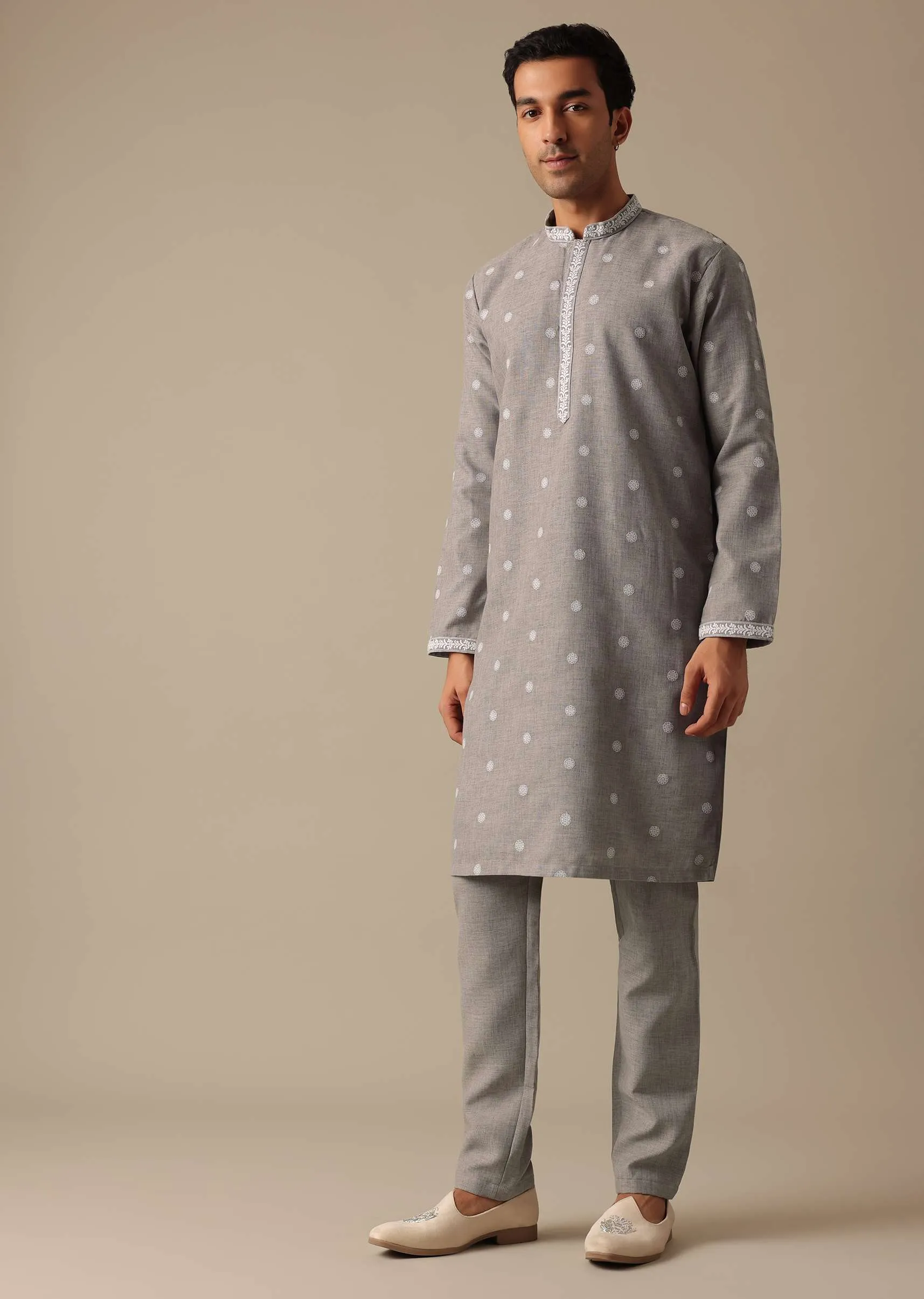 Grey Linen Jacket And Kurta Set