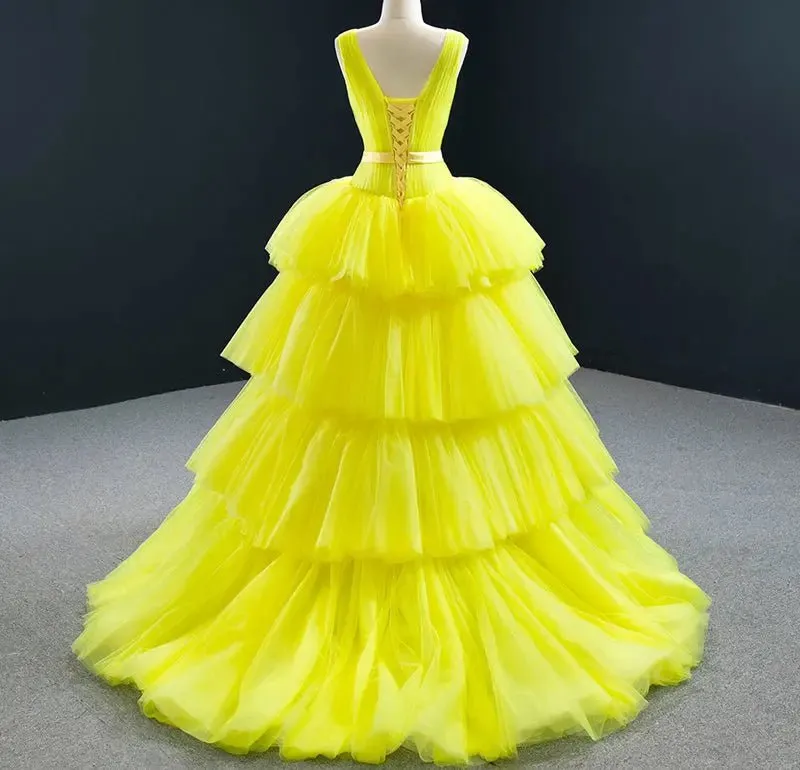 Heavenly Yellow Tiered Tulle Evening Dress