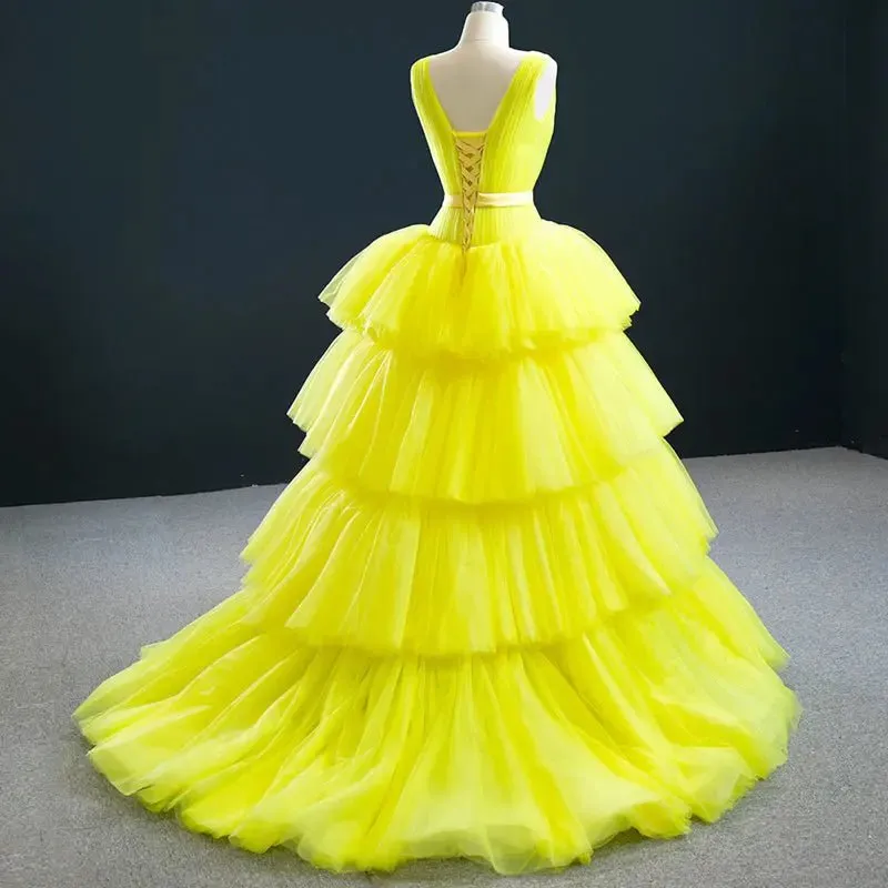 Heavenly Yellow Tiered Tulle Evening Dress