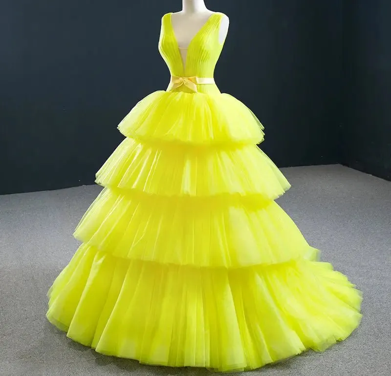 Heavenly Yellow Tiered Tulle Evening Dress