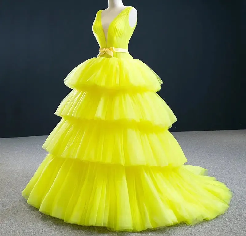 Heavenly Yellow Tiered Tulle Evening Dress