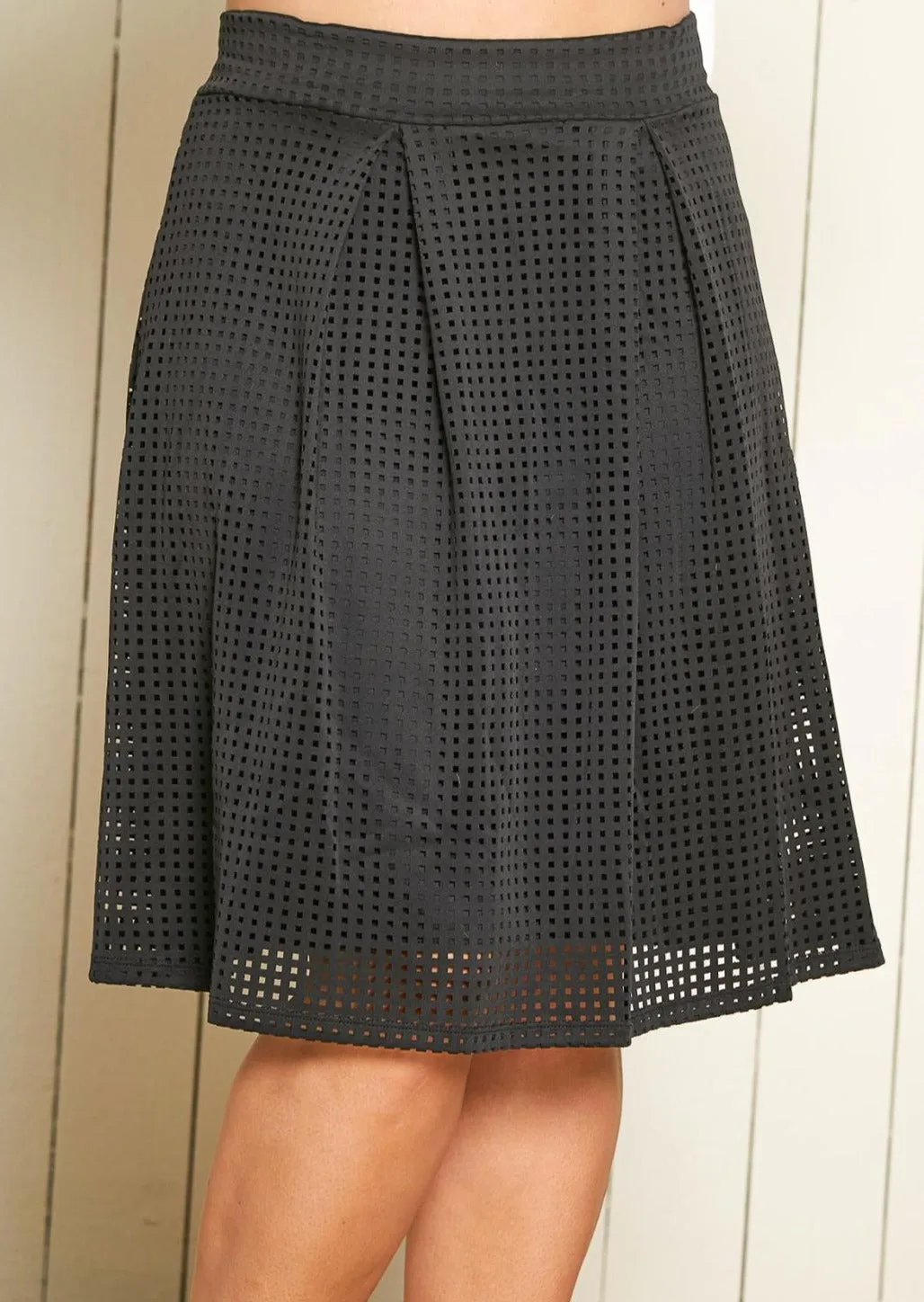 Hi Curvy Plus Size Women Laser cut waffle pattern High Waist Flare Midi Skirt