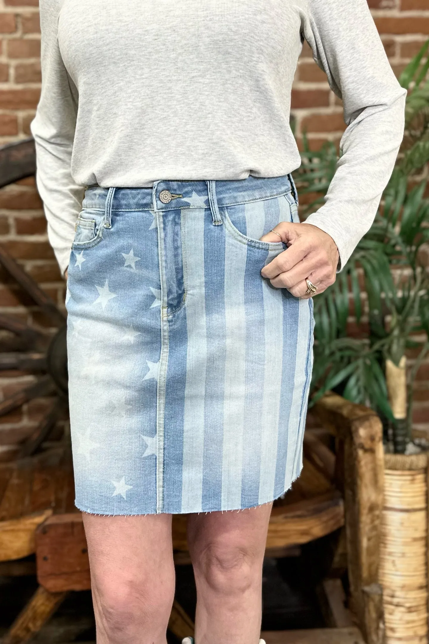 High Waist Stars & Stripes Bleach Discharge Denim Skirt by Judy Blue