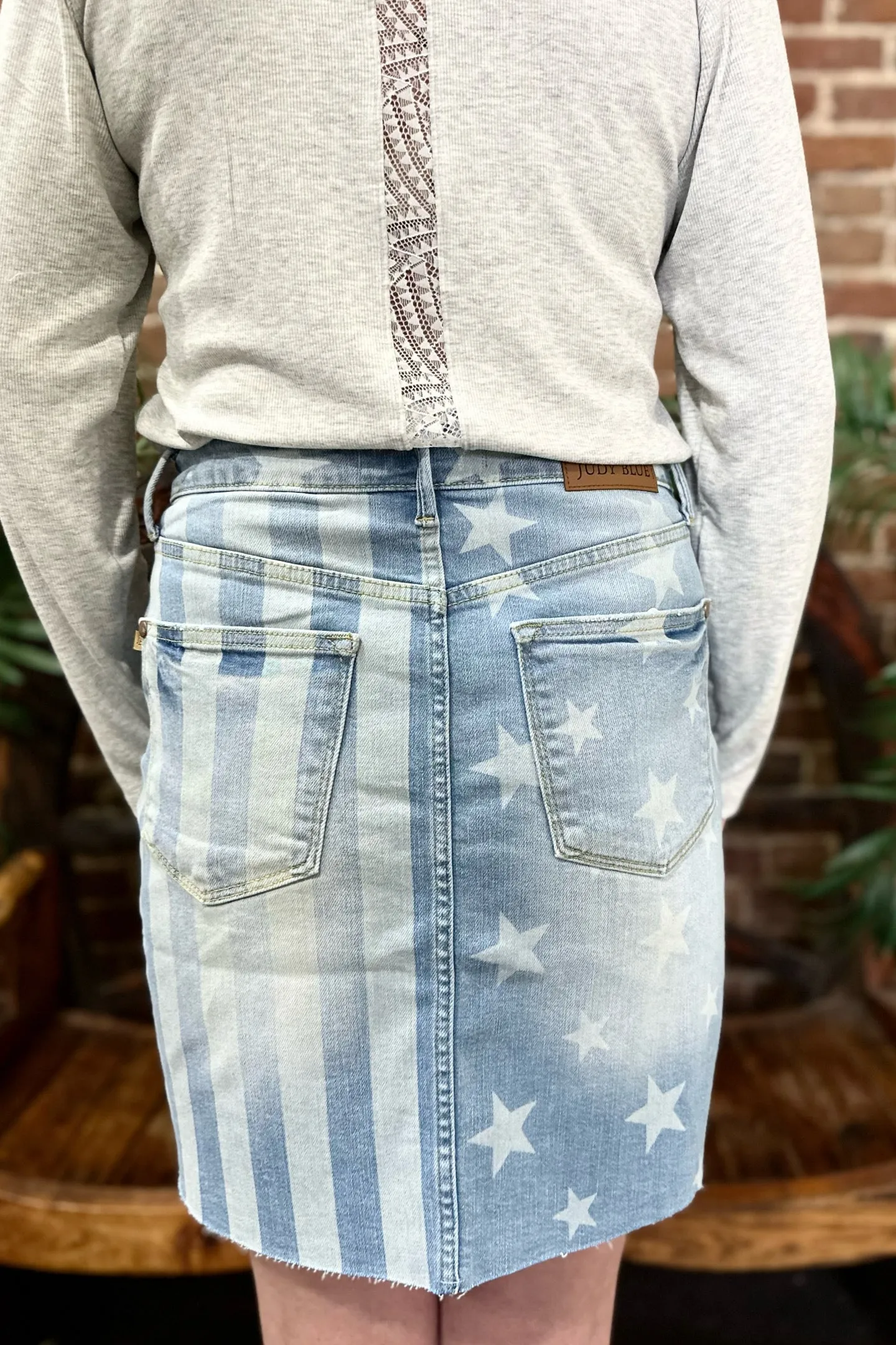 High Waist Stars & Stripes Bleach Discharge Denim Skirt by Judy Blue