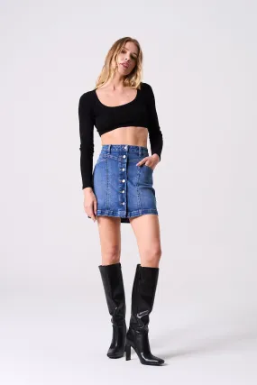 HIGH WAISTED BUTTON DOWN DENIM SKIRT IN MEDIUM WASH  / SP-S7595